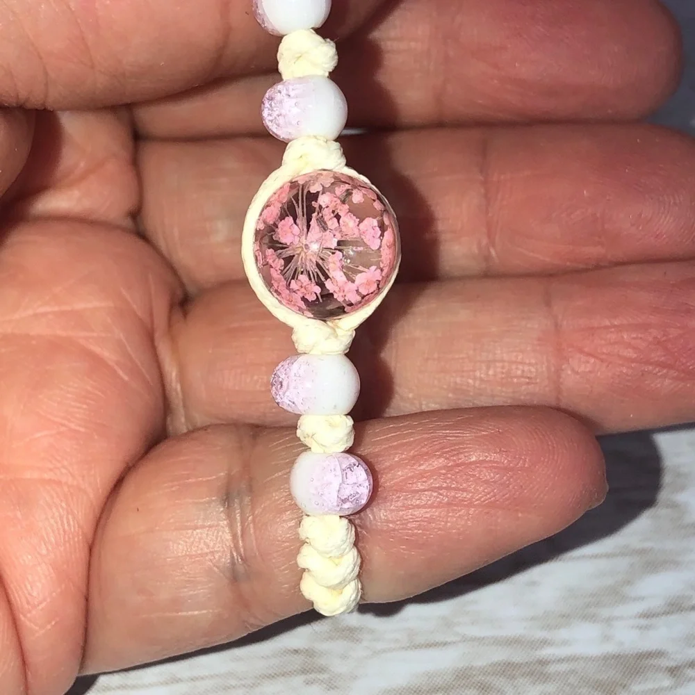 Encapsulated Dried Flower Charm Handmade Adjustable Bracelet